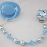 Beige, Blue Diamond Pacifier clip with Stunning Bling Beads and Pearls (CBLG,CBLB)