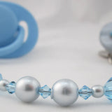 Beige, Blue Diamond Pacifier clip with Stunning Bling Beads and Pearls (CBLG,CBLB)