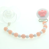 Ivory, Blue, Pink Crown with White and Ivory Matching Beads Pacifier Clip