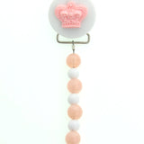 Ivory, Blue, Pink Crown with White and Ivory Matching Beads Pacifier Clip