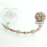 Blue, Pink, Cream Vintage Flower and Pearl Pacifier Clip