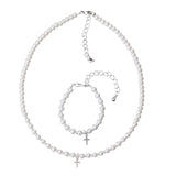 White Czech Glass Pearls with Silver Beads and Cross Keepsake Bracelet and Necklace Gift Set (GSNB31)