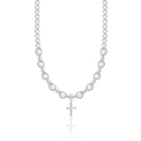 White European Pearls with sterling bead caps , Clear round Crystal and Sterling Silver Cross Charm Beaded Necklace (nbccr)