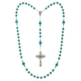 Rosary Prayer Beads with shiny blue pearls, matching cathedral Crystals and Cross Beaded Necklace (RN1)