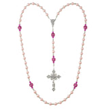 Rosary Prayer Bead necklace, Pink and Fushia Pearls and Cathedral Crystals (RN5)