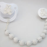 White Beaded Teddy Bear Pacifier Clip (CPW)
