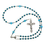 Rosary Prayer Beads with shiny blue pearls, matching cathedral Crystals and Cross Beaded Necklace (RN1)