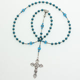 Rosary Prayer Beads with shiny blue pearls, matching cathedral Crystals and Cross Beaded Necklace (RN1)