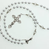 Catholic Rosary Prayer Beads, Light Grey Pearls and Cathedral Crystals and Cross Necklace (RN11)