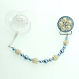 Blue, Pink, Cream Vintage Flower and Pearl Pacifier Clip
