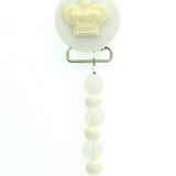 Ivory, Blue, Pink Crown with White and Ivory Matching Beads Pacifier Clip