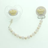 Ivory, Blue, Pink Crown with White and Ivory Matching Beads Pacifier Clip