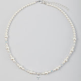 White European Pearls, Clear Crystal and Sterling Silver Cross Charm Beaded Necklace (ncrss)