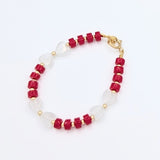 Coral and gold filled beads with mother of pearls hearts around bracelet (B2604-W)