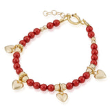 Red and 14k gold beads with multiple heart charms child's bracelet (B2138)