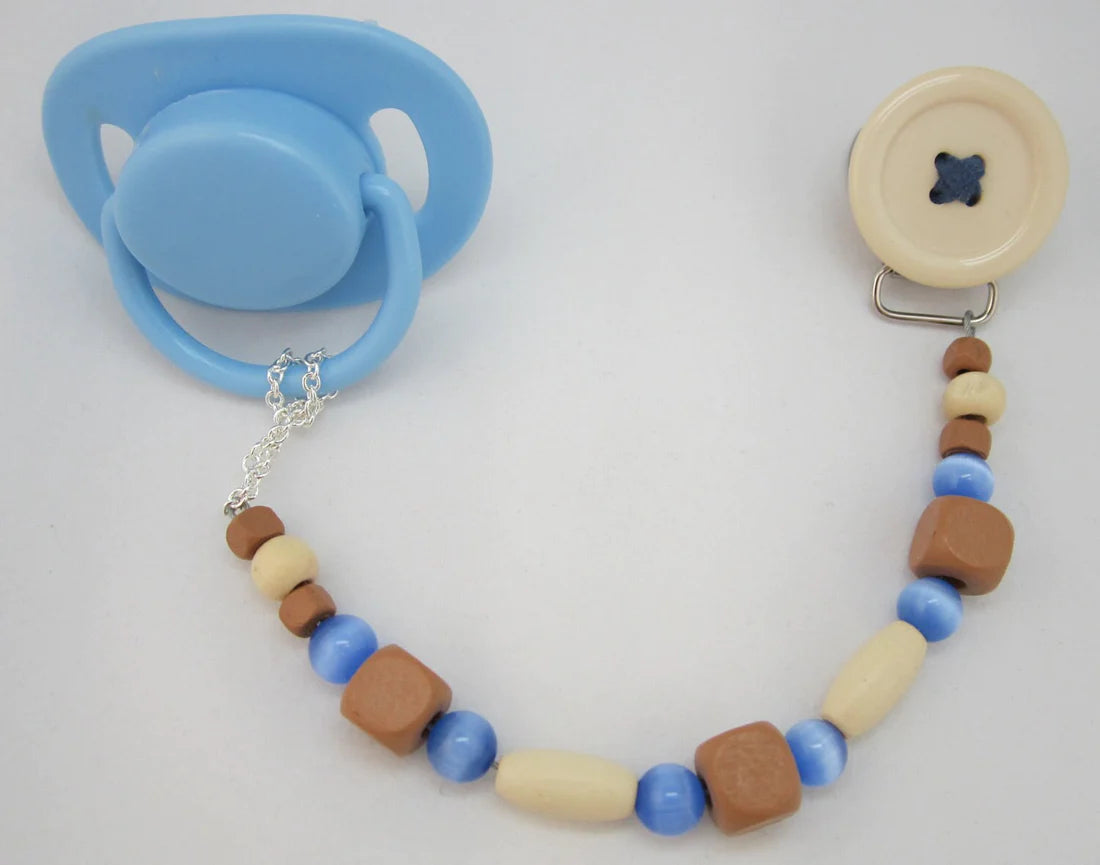 Brown, Blue Button Pacifier clip with Stunning Beads (CBB, CBBL)