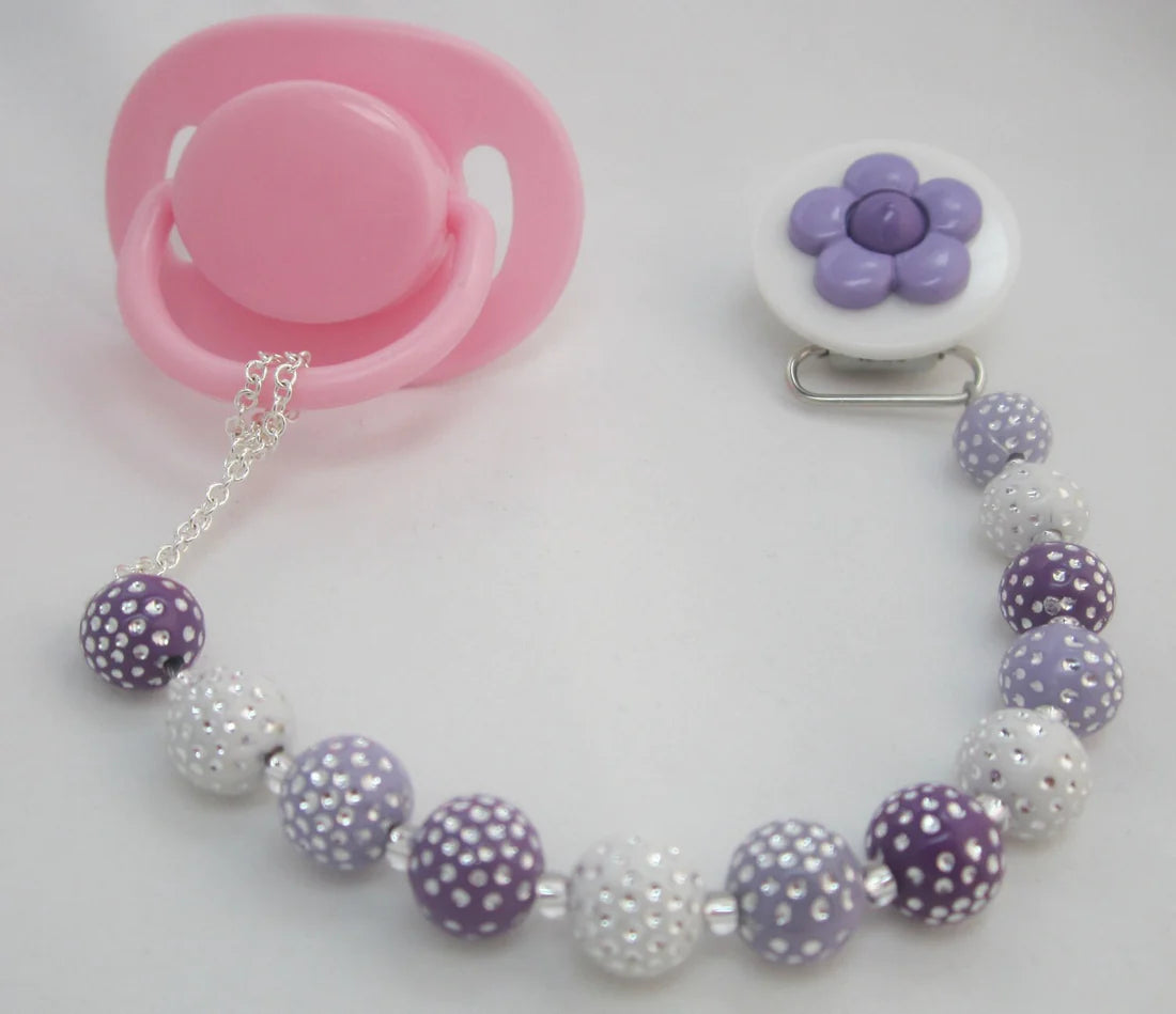 Pick your Color Daisy Pacifier clip with matching Acrylic  Beads (CPWD,CPPU,CPPD,CPGD)