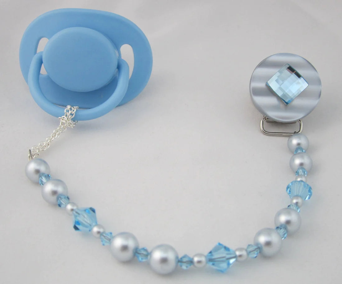 Beige, Blue Diamond Pacifier clip with Stunning Bling Beads and Pearls (CBLG,CBLB)