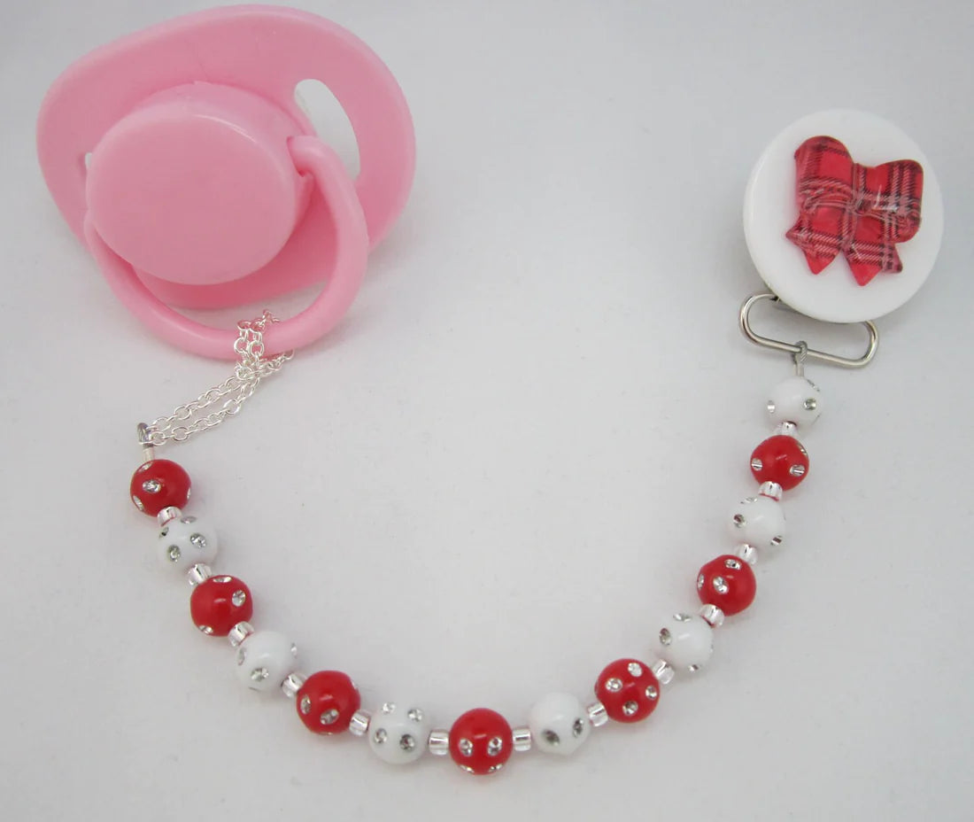 Pink and White Beads and adorable Bow, pacifier Clip (CPWB, CMRB, F2-P)