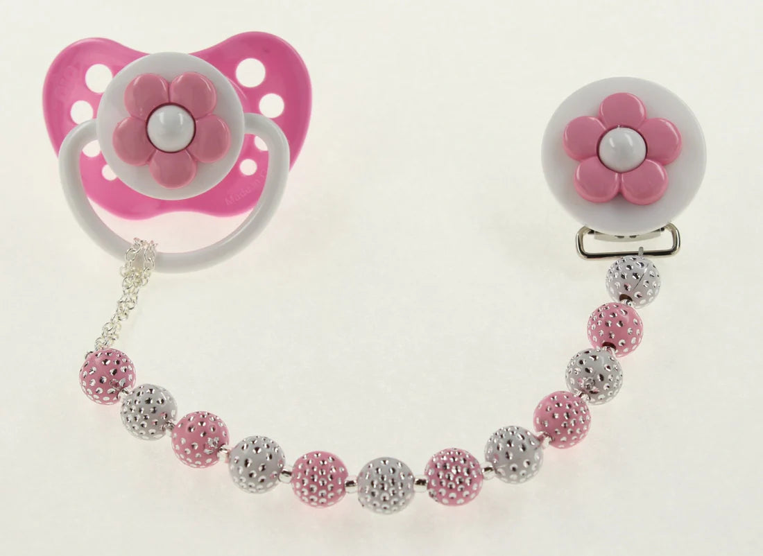 Pick your Color Daisy Pacifier clip with matching Acrylic  Beads (CPWD,CPPU,CPPD,CPGD)