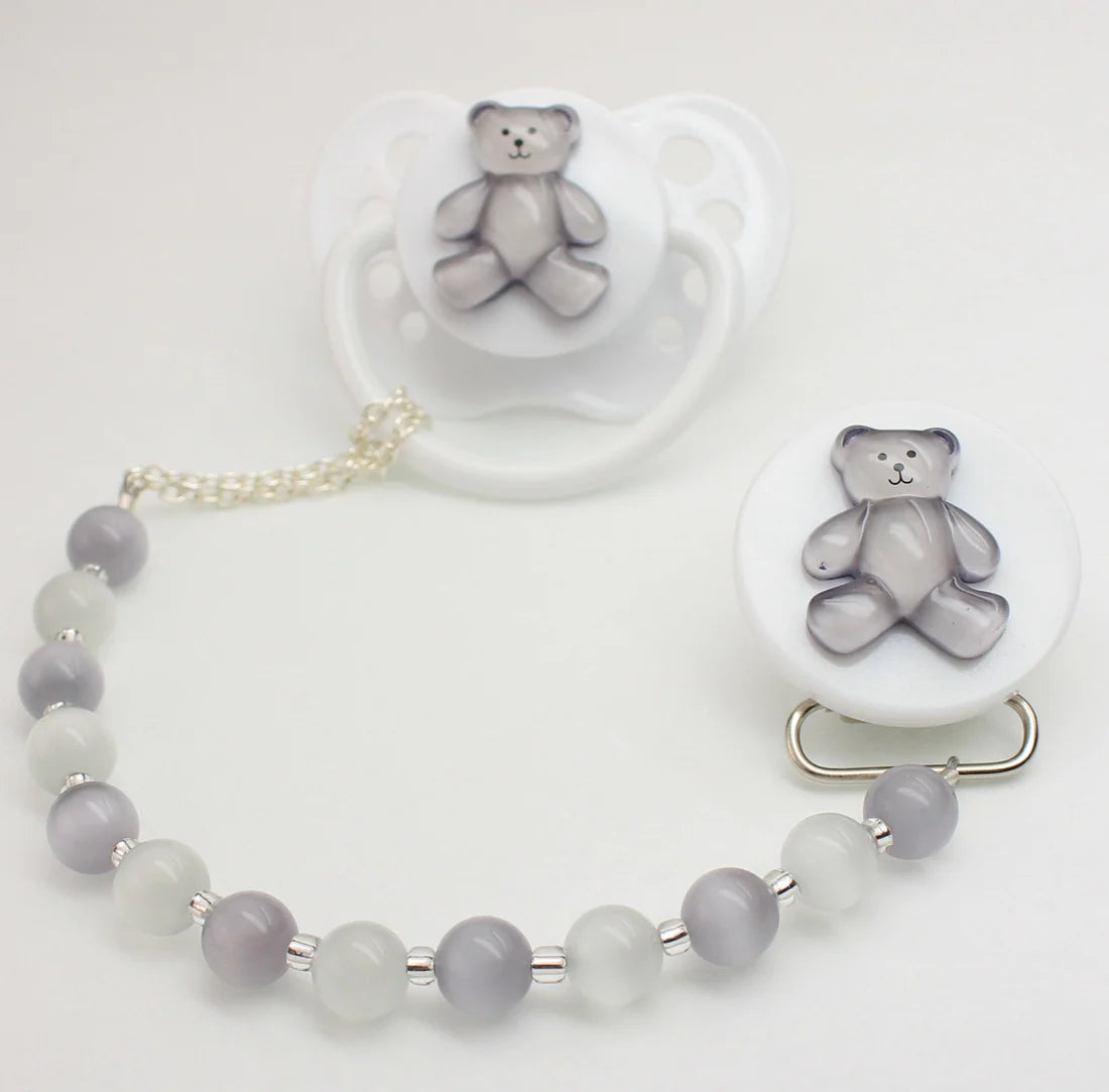 Bear Pacifier Clip with matching pearls (CT)