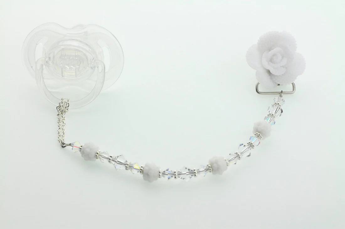 Pink Rose or White  European Crystal Pacifier Clip  (CFFP,CFFW)  Dummy Clip, Binky Clip