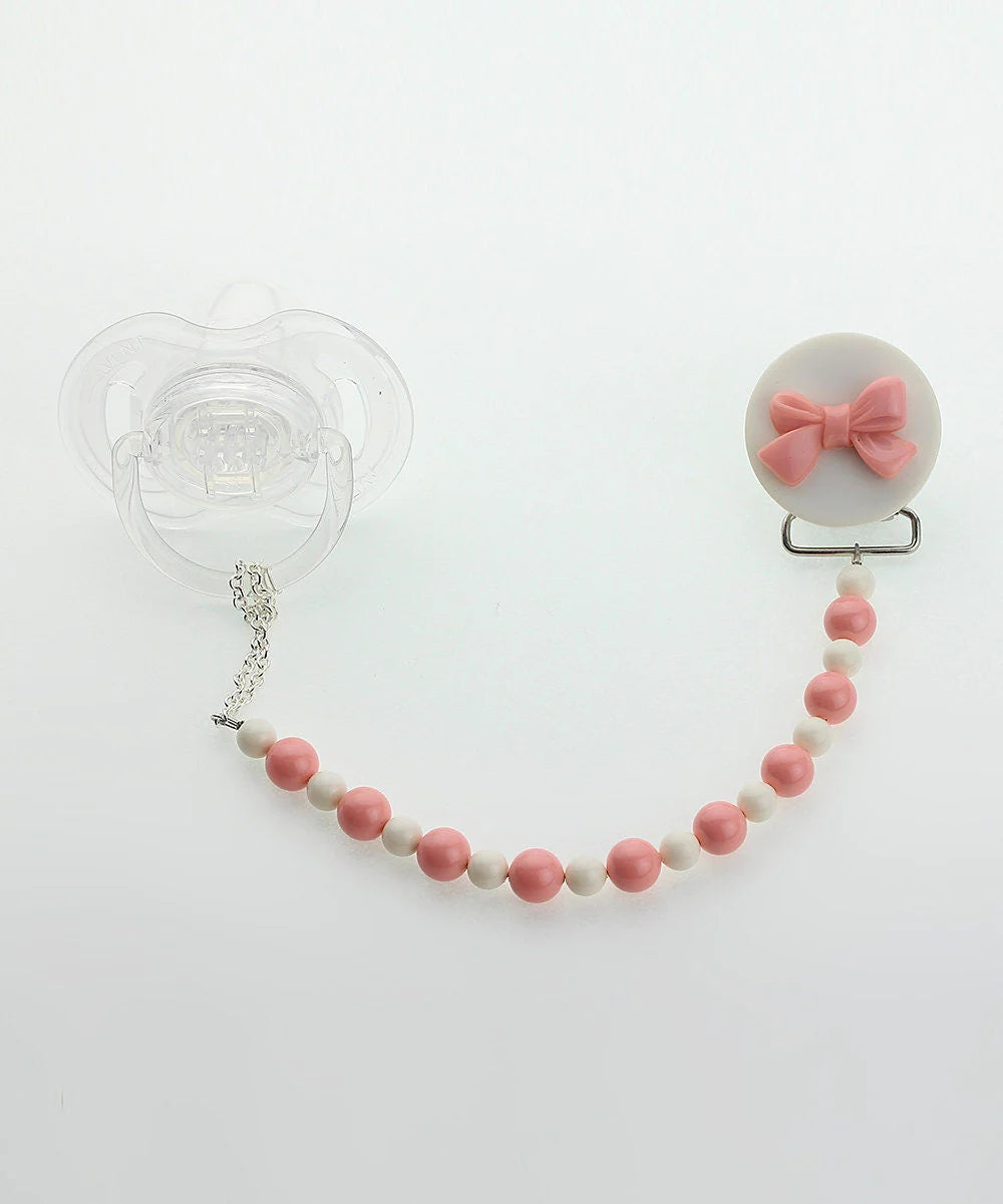 Pink and White Beads and adorable Bow, pacifier Clip (CPWB, CMRB, F2-P)