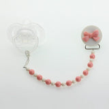 Pink and White Beads and adorable Bow, pacifier Clip (CPWB, CMRB, F2-P)