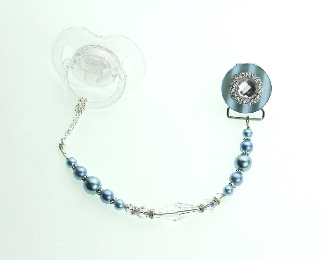 Blingy Clear, Pink, Blue European Crystal and Pearl Pacifier Clip (MSRP 33.00)