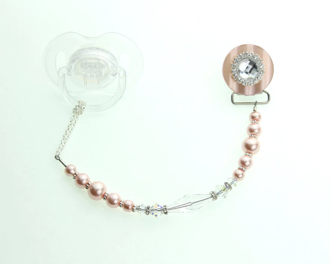 Blingy Clear, Pink, Blue European Crystal and Pearl Pacifier Clip (MSRP 33.00)