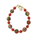 Luxury Gold Toddler Bracelet with Red Pearl and Red, Green Cloisonne Bead  (B1705)
