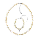 Cream Czech Glass Pearls with Silver Filled Cross Keepsake Bracelet and Necklace Gift Set (GSN29)