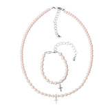 Pink Czech Glass Pearls with Silver Beads and Cross Keepsake Bracelet and Necklace Gift Set (GSNB32)
