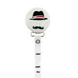 Red & black top hat and black mustache design on white button pacifier clip