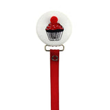 Cupcake on white button with POM- POM Pacifier Clip