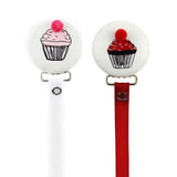 Cupcake on white button with POM- POM Pacifier Clip