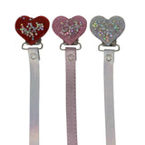 Confetti Heart Glitter Pacifier Clip with Faux Leather Strap (RRH19)