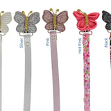 Glitter Fabric Metallic Butterfly Pacifier Clip with Faux Leather Strap (RBF19)