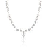 Silver European Pearls With Silver pave Beads and Sterling Silver Cross Charm with Rhinestone Center Beaded Necklace (NSHWC)