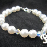 White European Pearls With Clear Crystals and Sterling Silver Script Initial Beaded Bracelet (BPSI)