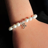 White European Pearls With Clear Crystals and Sterling Silver Script Initial Beaded Bracelet (BPSI)