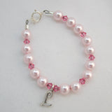 Pink European Pearls Pink Clear Crystals and Sterling Silver Script Initial Beaded Bracelet  (BPSIP)