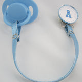 Blue Initial Pacifier clip with Faux Leather strap