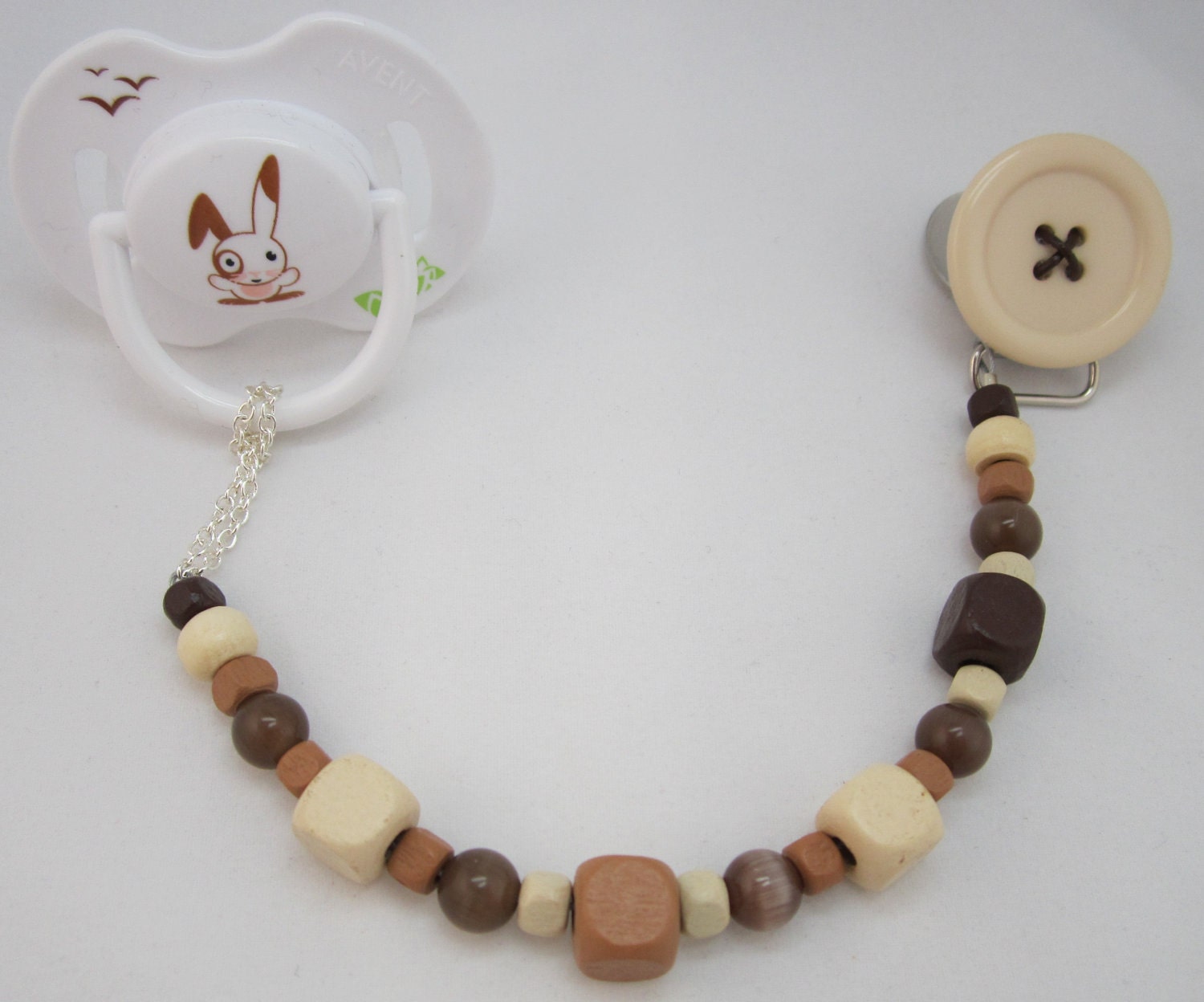 Brown, Blue Button Pacifier clip with Stunning Beads (CBB, CBBL)