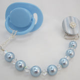 Blue Pacifier clip with Big Pearls and White Crystals (CPCB)