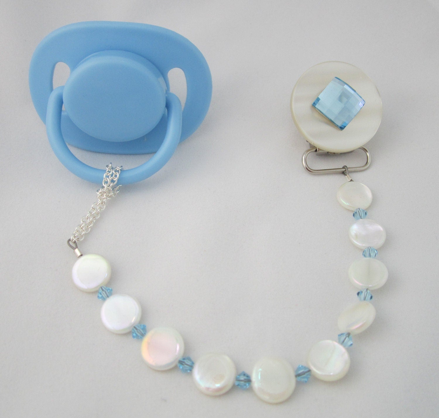 Blue, Beige Diamond Pacifier clip with Stunning Mother of Pearls (CMPB,CMPG)