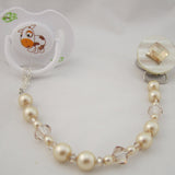 Beige, Blue Diamond Pacifier clip with Stunning Bling Beads and Pearls (CBLG,CBLB)