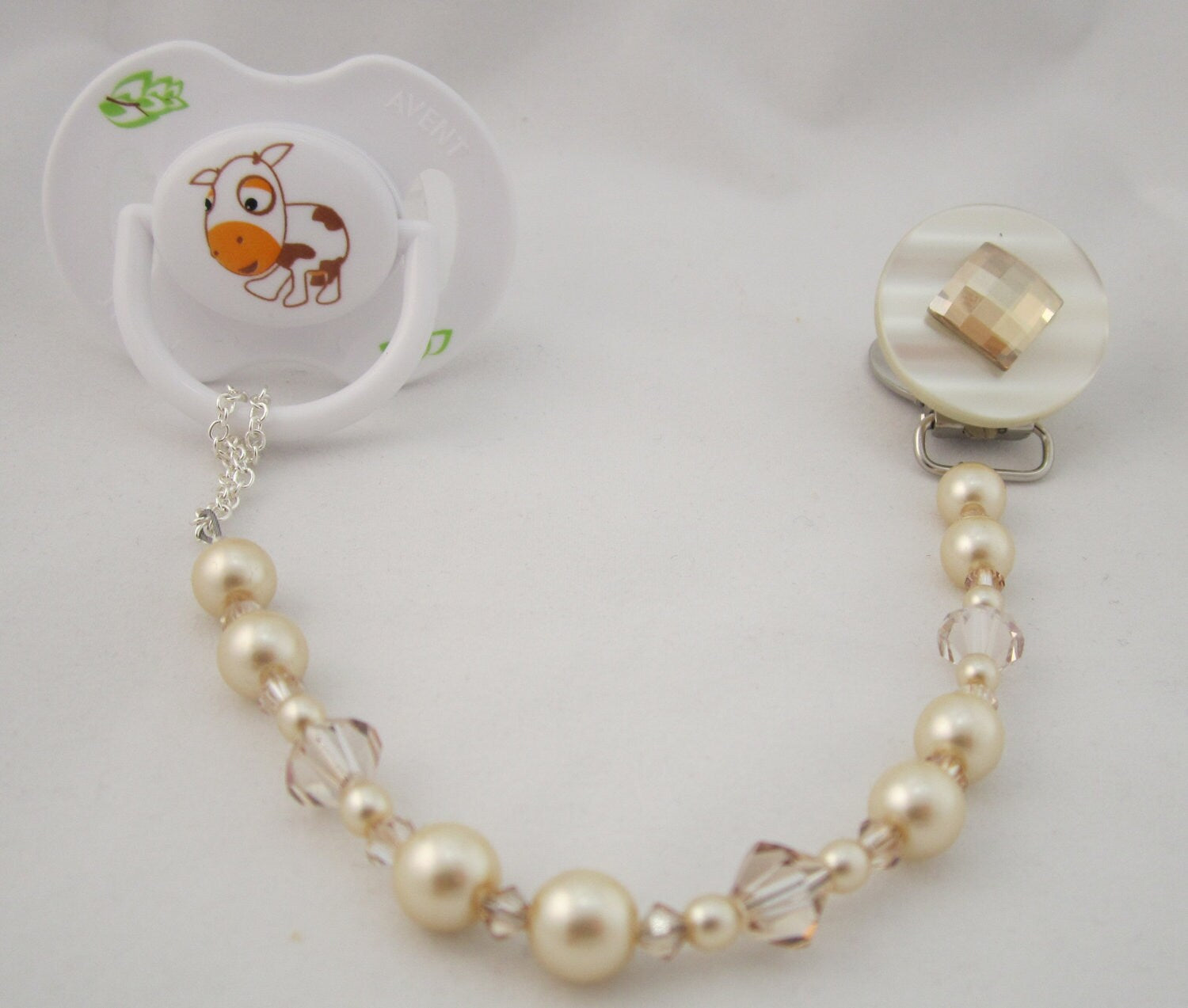 Beige, Blue Diamond Pacifier clip with Stunning Bling Beads and Pearls (CBLG,CBLB)