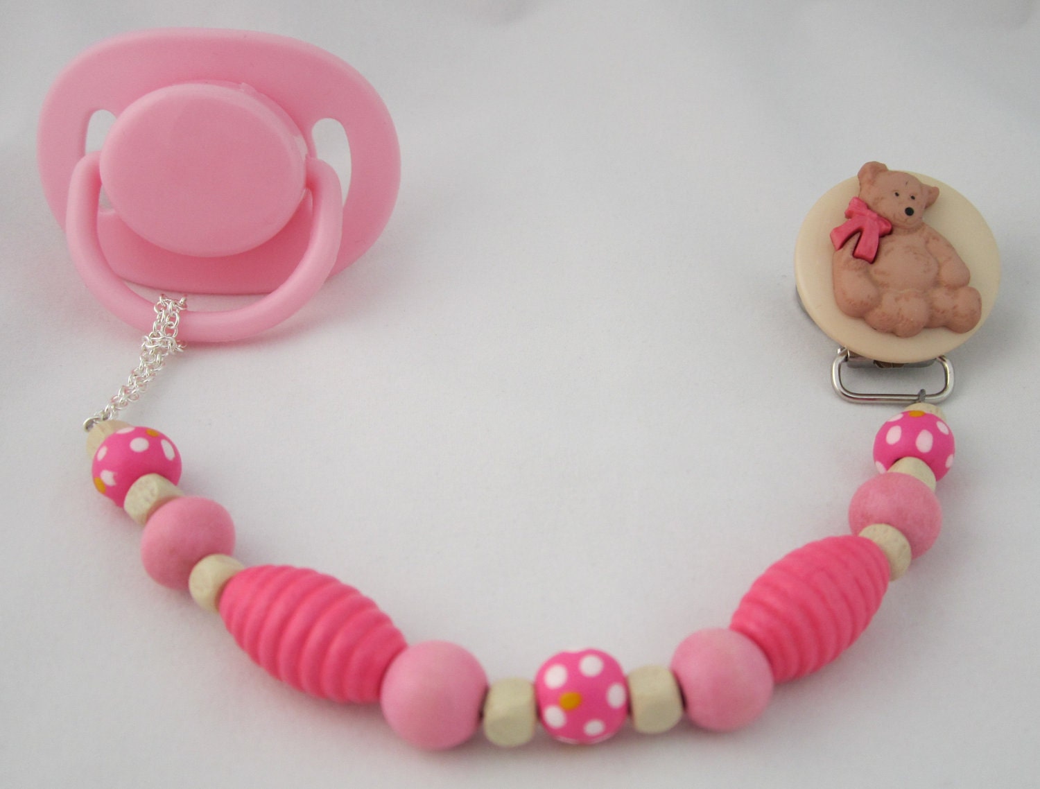 Wooden Teddy Bear Pacifier clip with Stunning Wooden Beads (CTWP/CTWB)