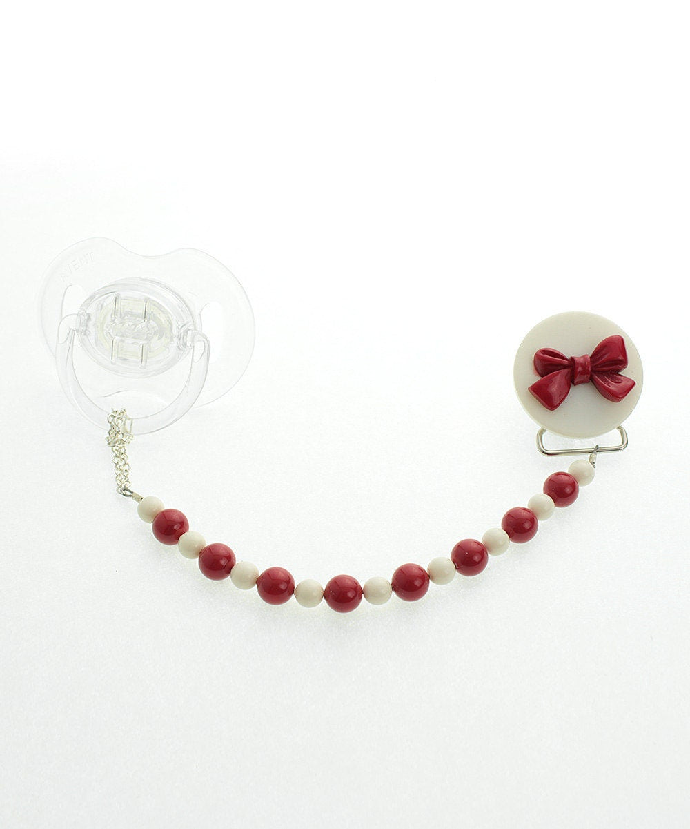 Baby European Coral Pearls White and  Red  Pacifier Clip with  Bow  (CRRW,CRW,CRWP)